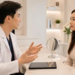 Plastic surgeon explaining Botox and dermal filler treatment options during a facial consultation