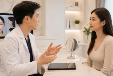 Plastic surgeon explaining Botox and dermal filler treatment options during a facial consultation