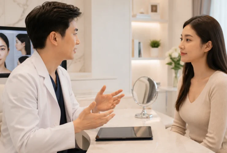 Plastic surgeon explaining Botox and dermal filler treatment options during a facial consultation