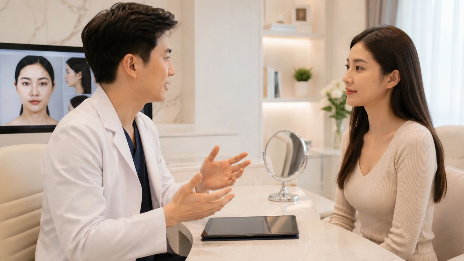 Plastic surgeon explaining Botox and dermal filler treatment options during a facial consultation