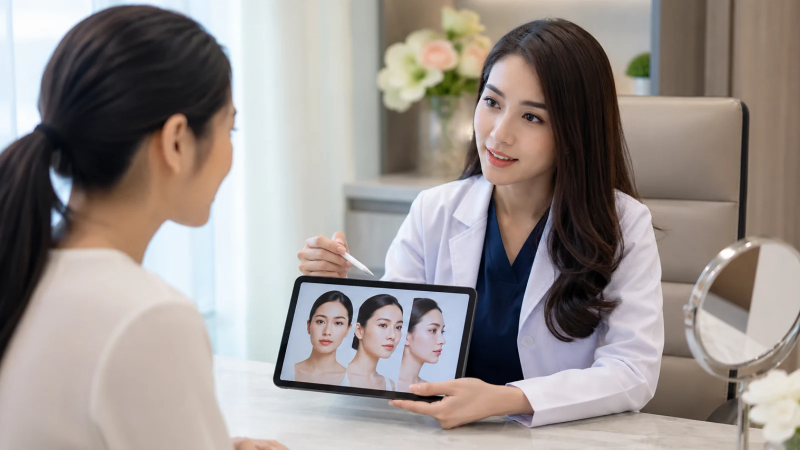 Plastic surgeon consulting a patient before rhinoplasty in Thailand