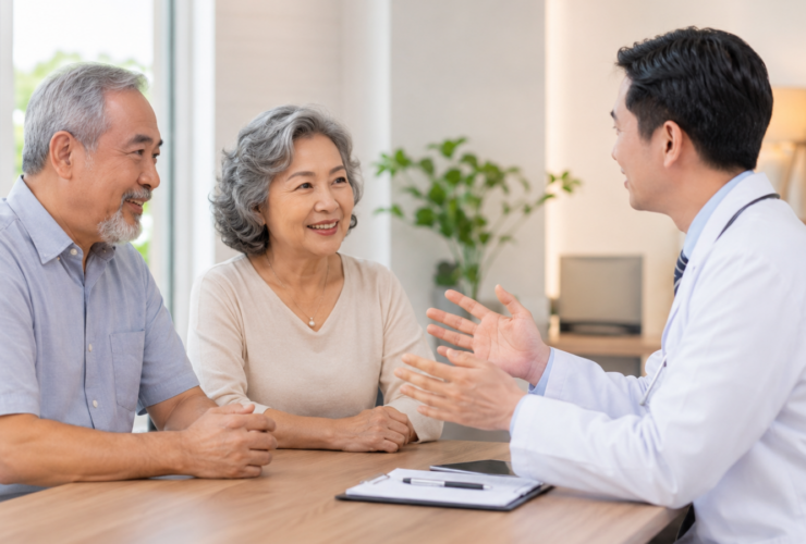 Senior couple receiving preventive healthcare consultation at a private hospital in Thailand