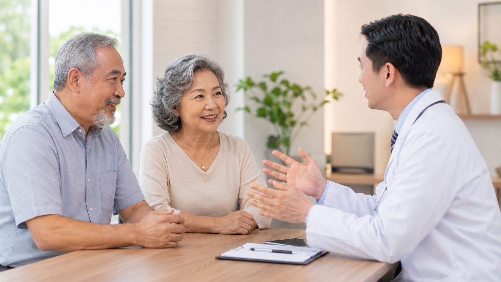 Senior couple receiving preventive healthcare consultation at a private hospital in Thailand