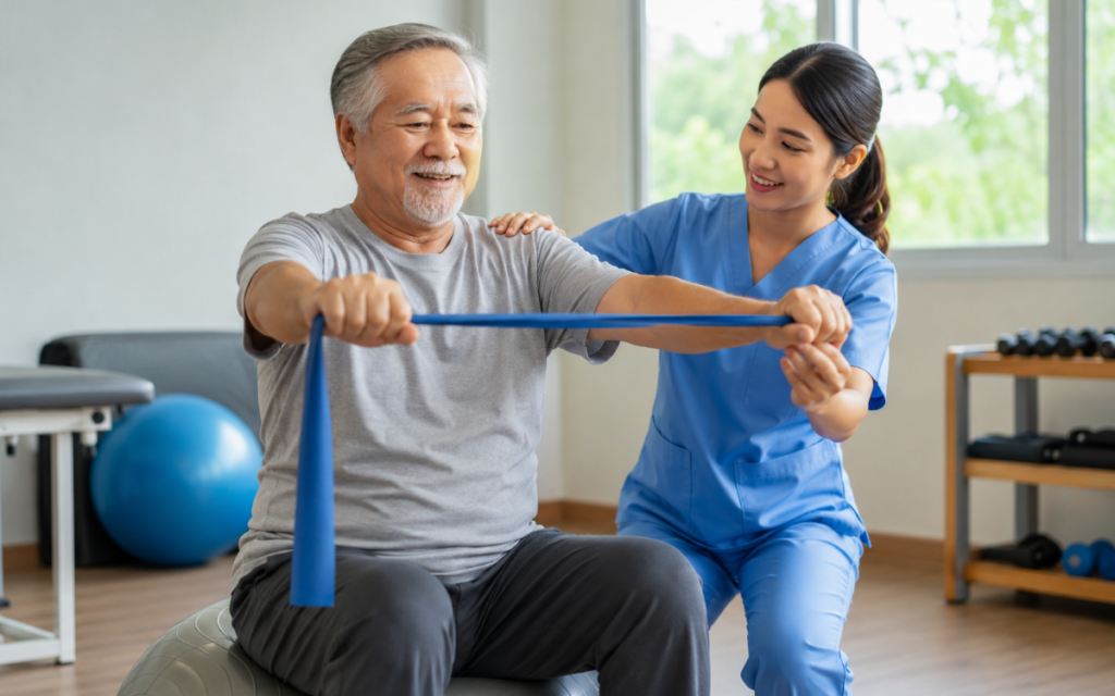 Physical therapist assessing balance and mobility in an older adult