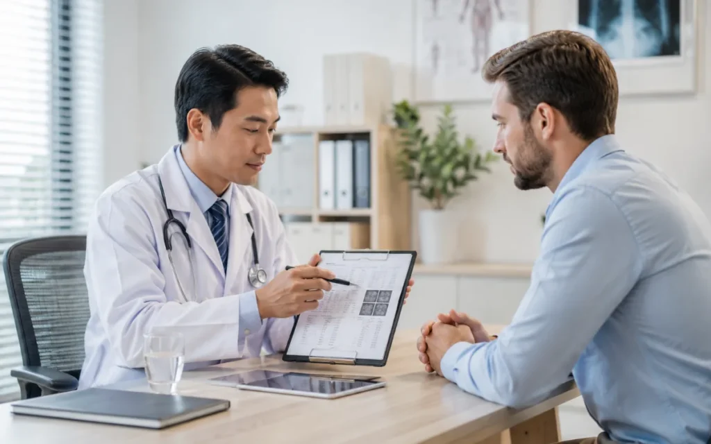 Doctor explaining a medical report to an international patient during a hospital consultation in Thailand
