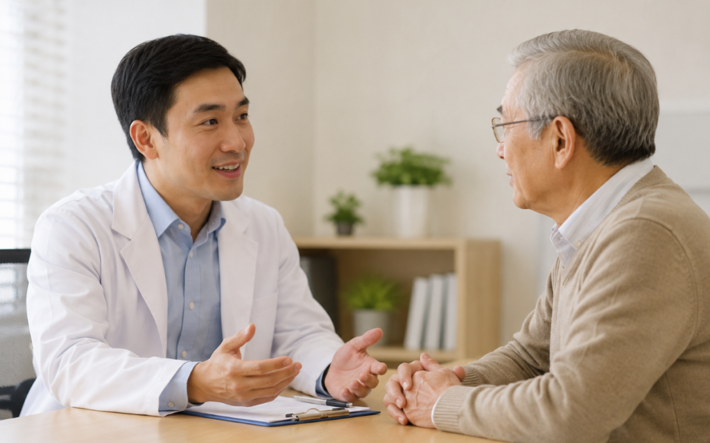 Doctor explaining diagnostic screening results to an elderly patient