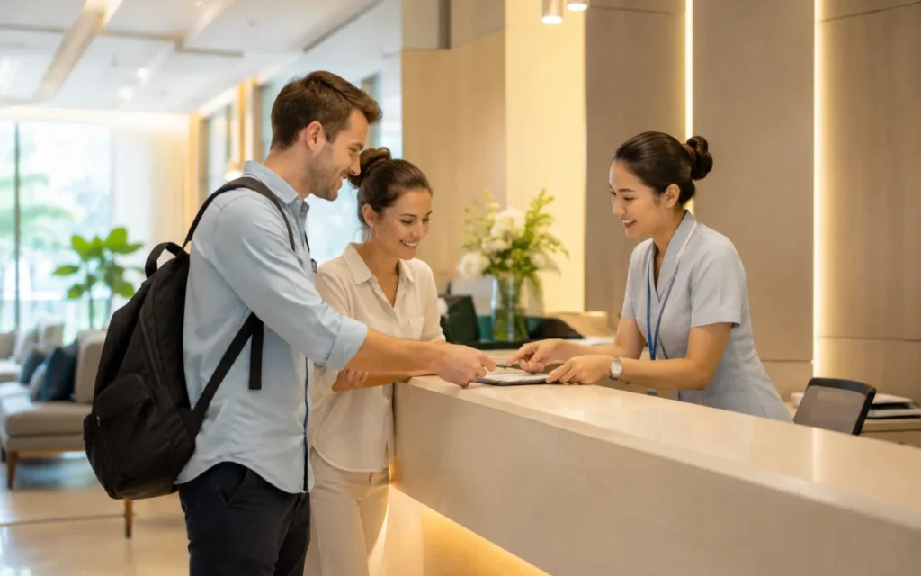 International patient receiving assistance from hospital staff at a private hospital reception in Bangkok