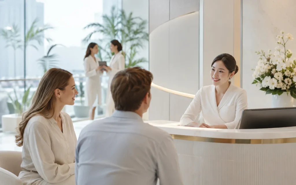 Modern aesthetic clinic reception welcoming international patients in Thailand