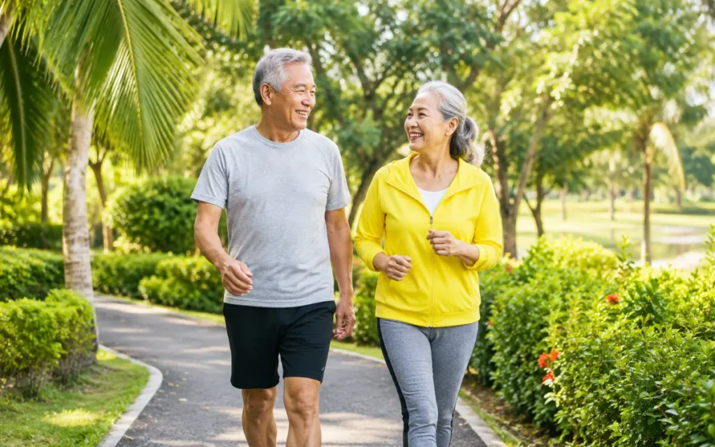 Mature adults maintaining heart health through morning exercise in a tropical climate