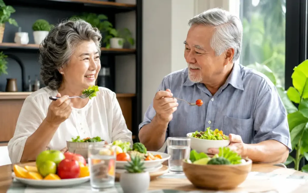 Older adults maintaining a healthy lifestyle with balanced nutrition and light exercise