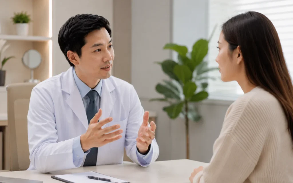 Plastic surgeon explaining structural rhinoplasty using a 3D nose model