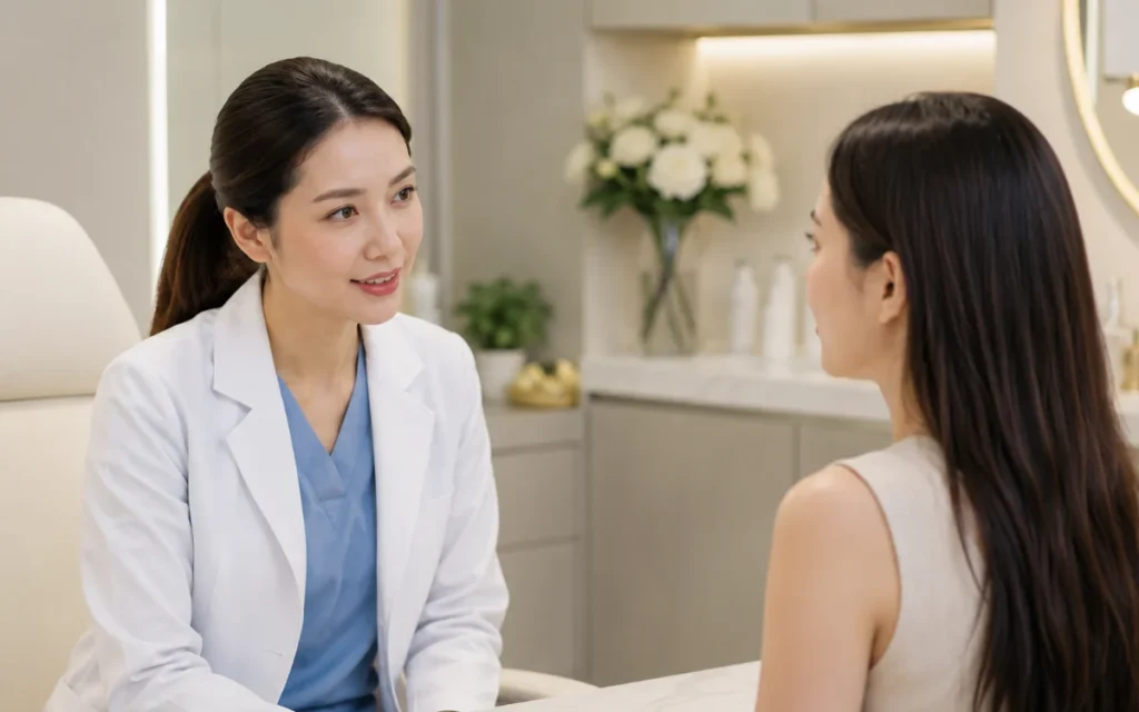 Doctor explaining facial aging and suitable cosmetic treatment options to a patient