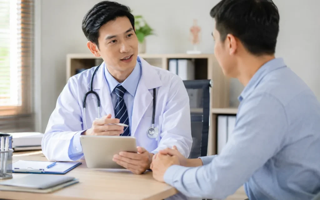 Psychiatrist explaining an anxiety treatment plan during a consultation